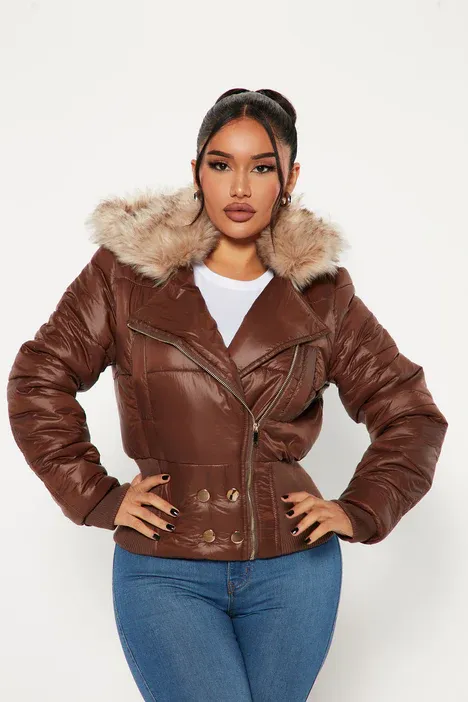 Women's Brown Puffer Jacket With Fur Collar