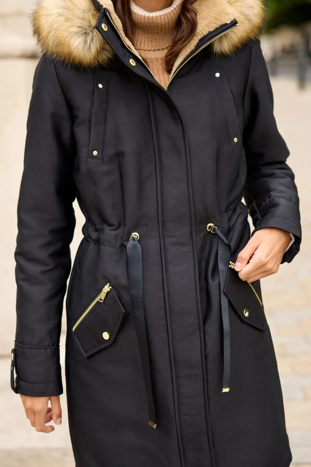 Women's Cotton Parka Black Jacket With Fur Hoodie