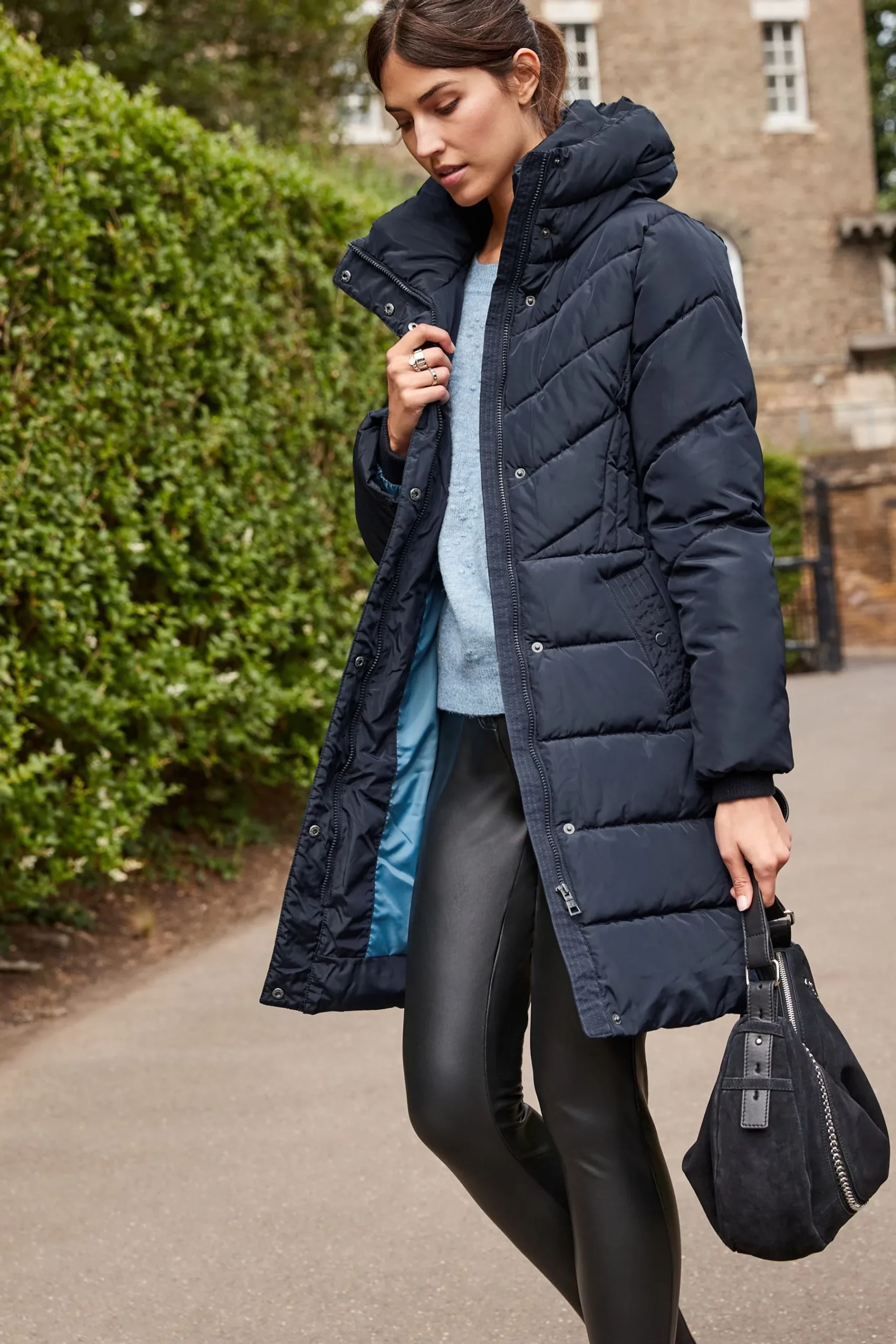 Women's Quilted Parachute Hoodied Navy Blue Long Coat