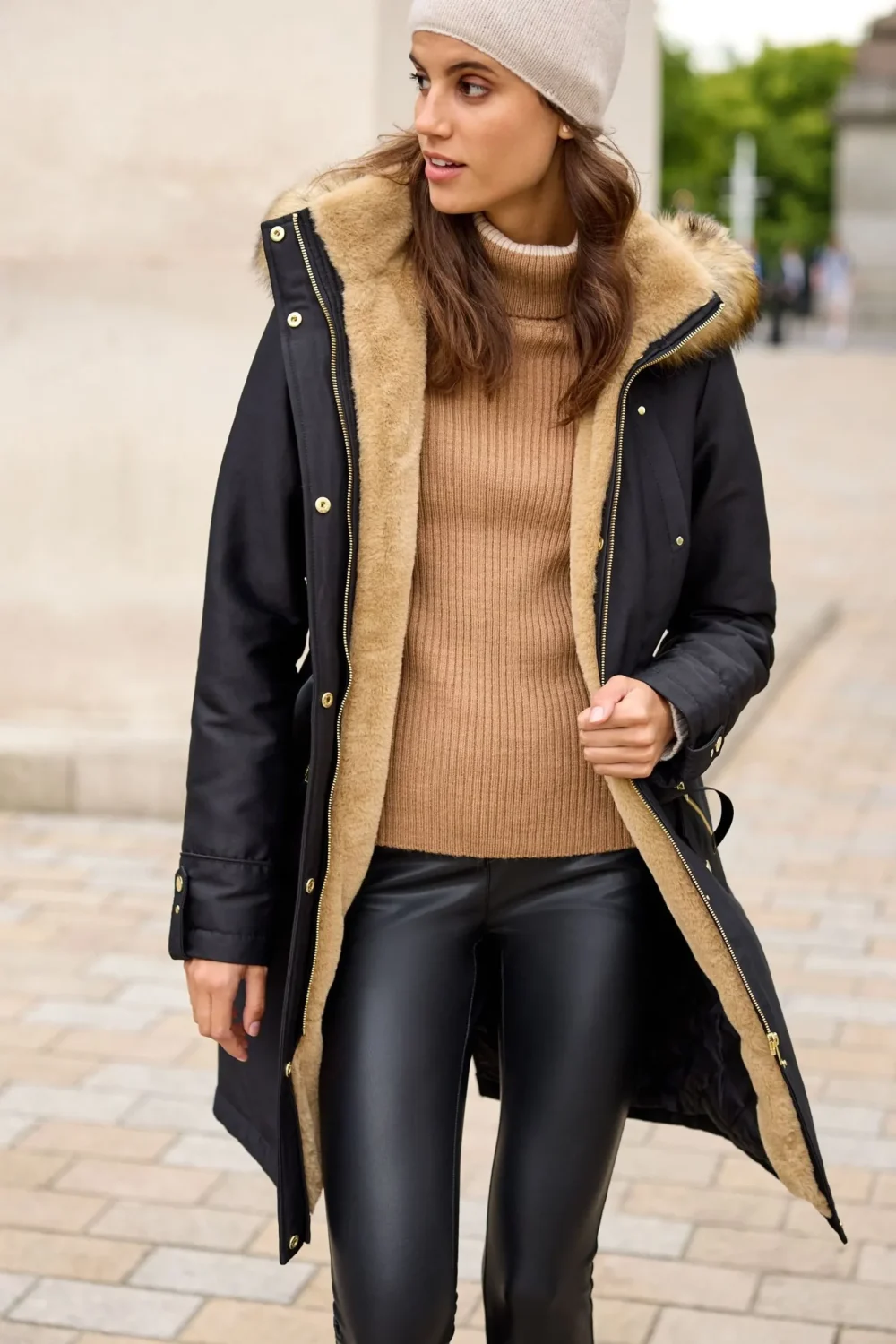 Women's Cotton Parka Black Jacket With Fur Hoodie
