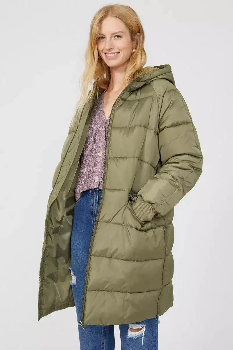 Women's Puffer Coat With Borg Lined Hood And Side Zips