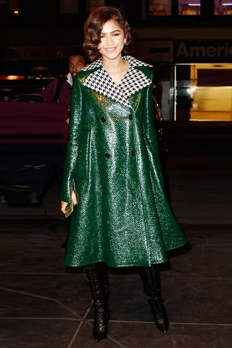 American Actress Zendaya Skinny Green Leather Coat